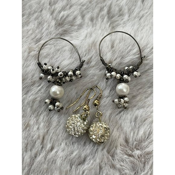 Black/White Beaded Hoop / White Rhinestone Round Dangle Earrings - 2 Pairs - Picture 2 of 12